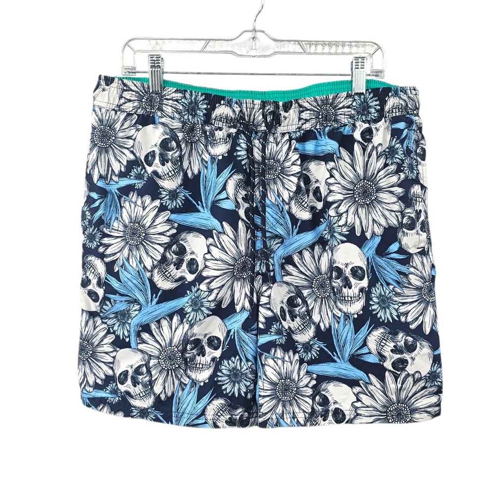 No Boundaries Men's Large Skull and Floral Print Quick-Dry Swim Trunks